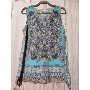 Violet Claire Womens Sleeveless Blouse Turquoise Paisley Print V Neck Top Size M